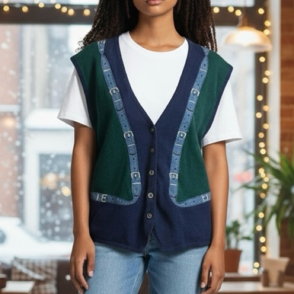 Vintage 90's Denim Belt Knit Sweater Vest Size L